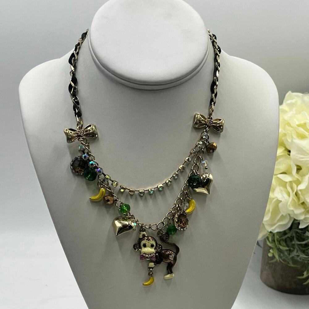 Betsey‎ Johnson Two Strand Jungle Fever Enameled Monkey Crystal Charm Necklace